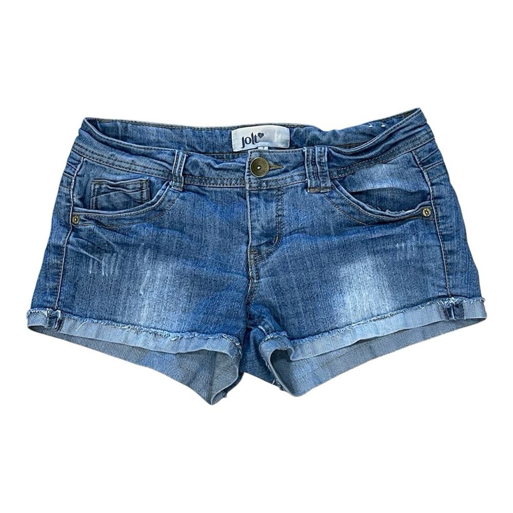 Jolt Women’s Blue Denim Cuffed Shorts Size 7 Mid Rise Distressed 5-Pocket Summer